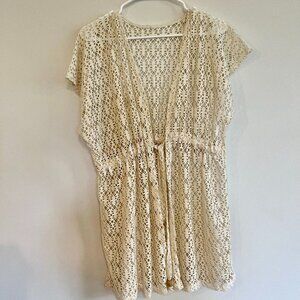 Boho Cream Crochet Lace Beach Cover Up, Open front, Beaded Cinch Waist Strap